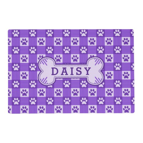 Dog Paw Print Gingham Cute Purple Custom Name Bone Placemat