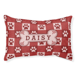 Dog Paw Print Gingham Cute Red Personalized Bone Pet Bed