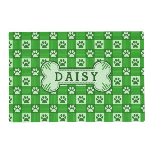 Dog Paw Print Gingham Green Personalized Bone Placemat