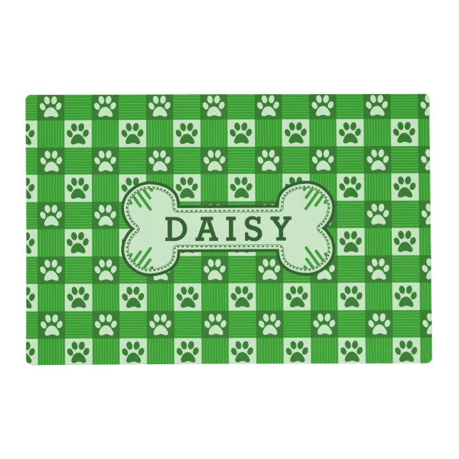 Dog Paw Print Gingham Green Personalized Bone Placemat (Front)