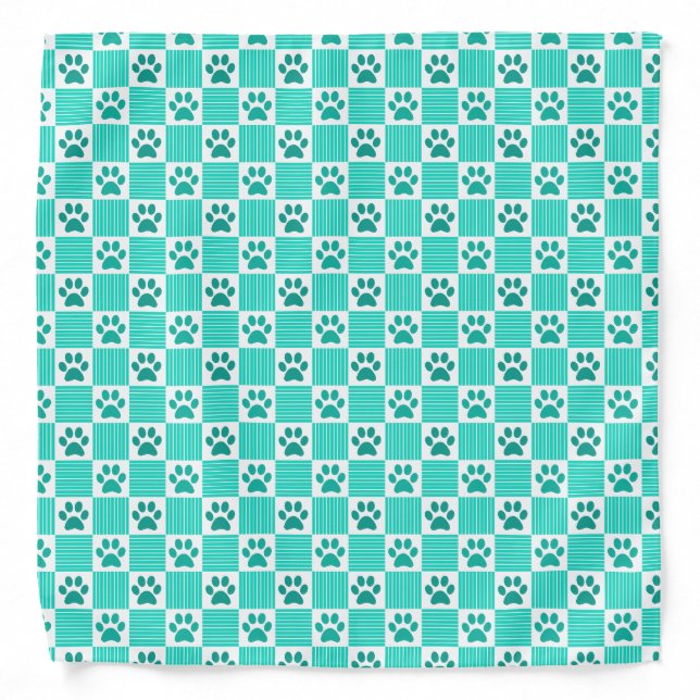 Dog Paw Print Gingham Pattern Cute Mint Green Pet Bandana (Front)