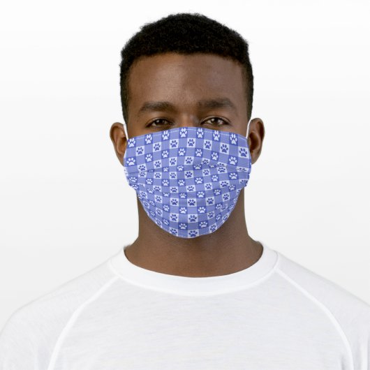Dog Paw Print Gingham Pattern Cute Periwinkle Blue Adult Cloth Face Mask (Worn)