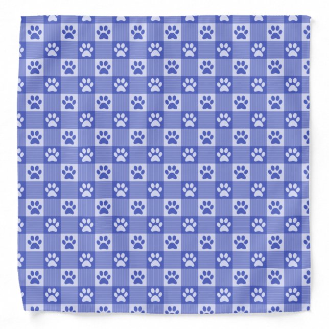 Dog Paw Print Gingham Pattern Cute Periwinkle Blue Bandana (Front)