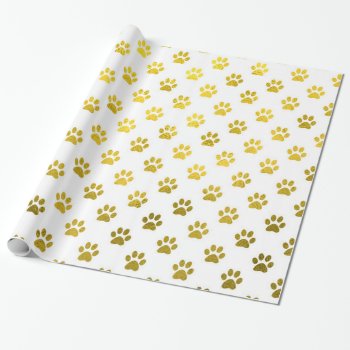 Dog Paw Print Gold White Metallic Faux Foil Paws Wrapping Paper by ZZ_Templates at Zazzle