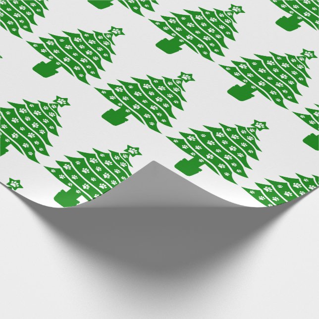 Dog Paw Print Green Christmas Tree Wrapping Paper (Corner)