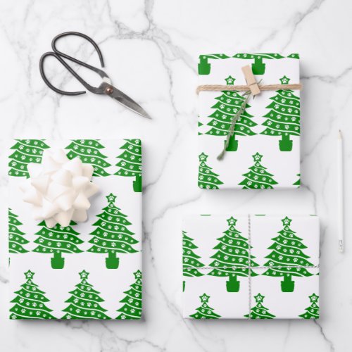Dog Paw Print Green Christmas Tree Wrapping Paper Sheets