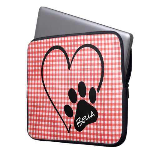 Dog Paw Print Heart on Gingham Laptop Sleeve
