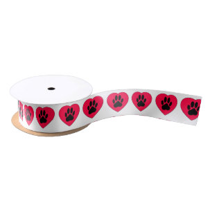 Dog Paw Print In Red Heart Satin Ribbon
