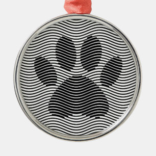 Dog Paw Print On Black And White Waves Metal Ornament