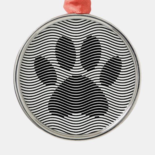 Dog Paw Print On Black And White Waves Metal Ornament