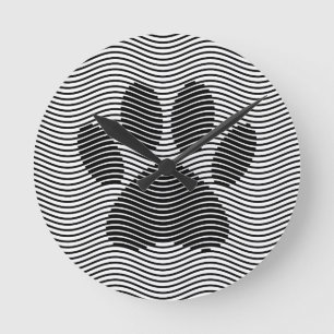 Dog Paw Print On Black And White Waves Round Clock