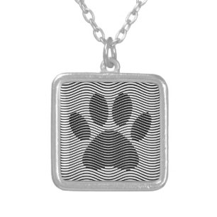 Dog Paw Print On Black And White Waves Silver Plated Necklace