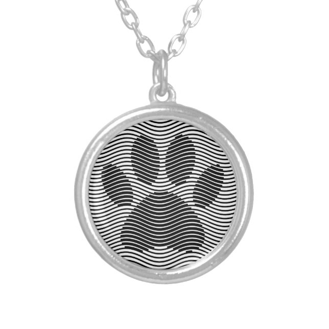 Dog Paw Print On Black And White Waves Silver Plated Necklace (Front)
