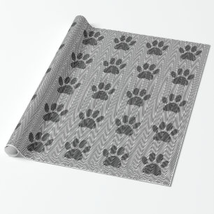 Dog Paw Print On Black And White Waves Wrapping Paper