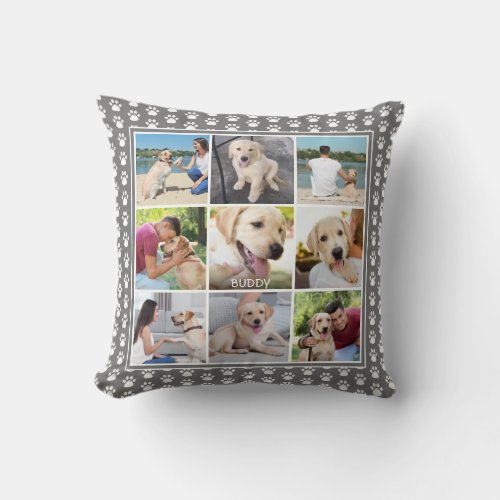 Dog Paw Print Patten Photo Collage Editable Gray Throw Pillow
