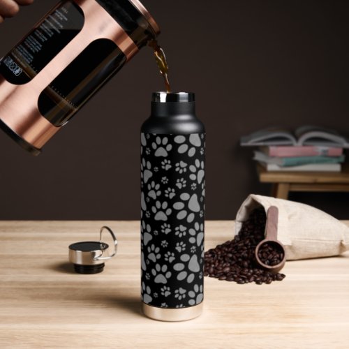 Dog Paw Print Pattern Black Water Bottle