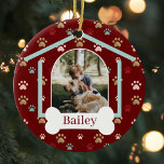 Dog Paw Print Pattern Custom Name Dog House Photo Ceramic Ornament<br><div class="desc">Customize this fun and unique multi-colored pet paw print pattern ornament design featuring two photos. Design features a dog house design with the door of the dog house featuring your custom pet's photo. Personalize the white dog bone with the pet's name. This is a fun keepsake gift to celebrate your...</div>