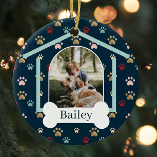 Dog Paw Print Pattern Custom Name Dog House Photo Ceramic Ornament