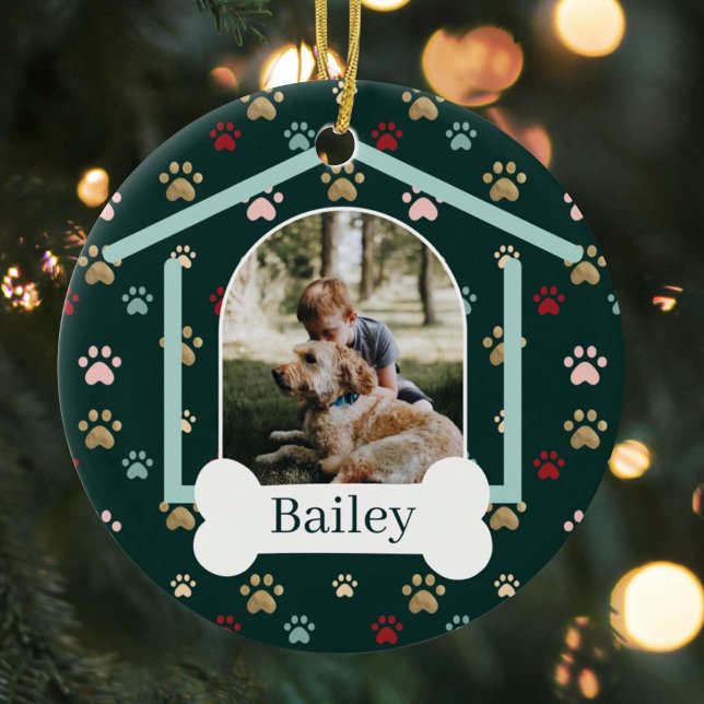 Dog Paw Print Pattern Custom Name Dog House Photo Ceramic Ornament (Creator Uploaded)