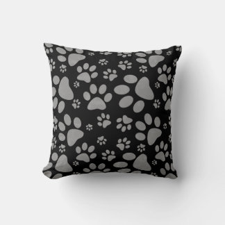 Dog Paw Print Pattern Gray and Black Throw Pillow