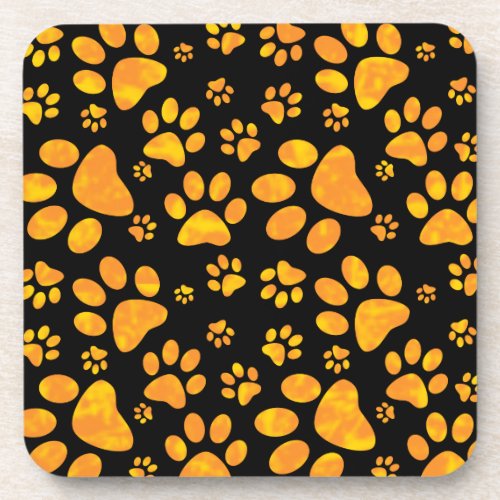 Dog Paw Print Pattern Orange Yellow Drink Coaster