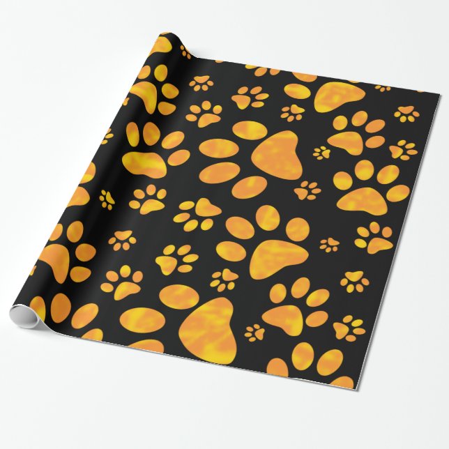 Dog Paw Print Pattern Orange Yellow Wrapping Paper (Unrolled)