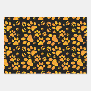 Dog Paw Print Pattern Orange Yellow Wrapping Paper Sheets