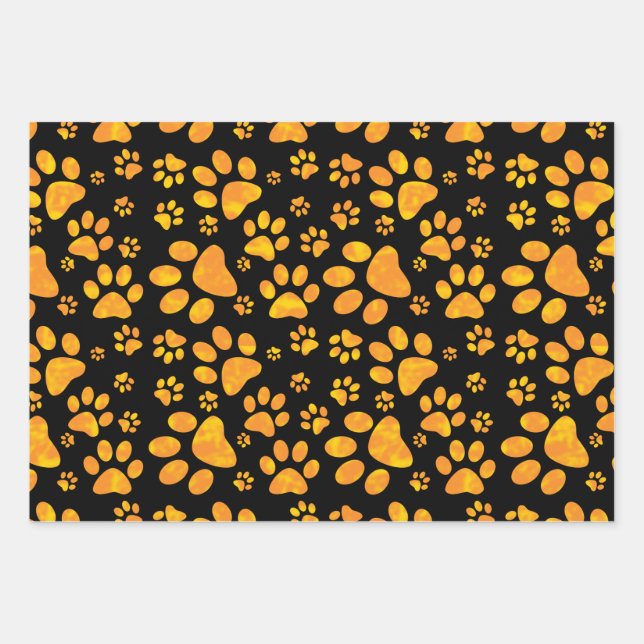 Dog Paw Print Pattern Orange Yellow Wrapping Paper Sheets (Front)