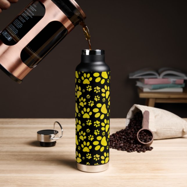 Dog Paw Print Pattern Yellow Water Bottle (Insitu (Coffee))