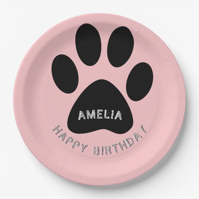Dog Paw Print Pink Birthday Party Paper Plates (Front)