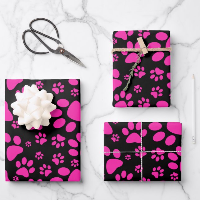 Dog Paw Print Pink Wrapping Paper Sheets (Front)
