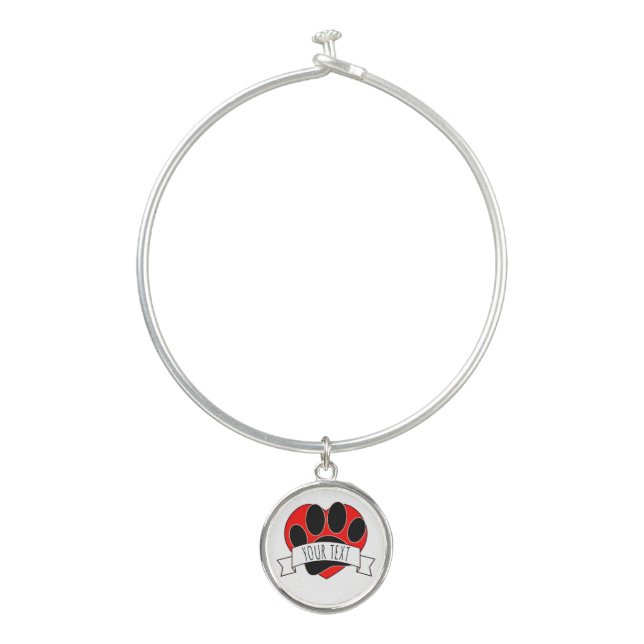 Dog Paw Print Red Heart Banner Bangle Bracelet (Front)