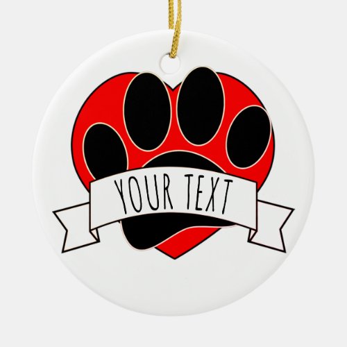 Dog Paw Print Red Heart Banner Ceramic Ornament
