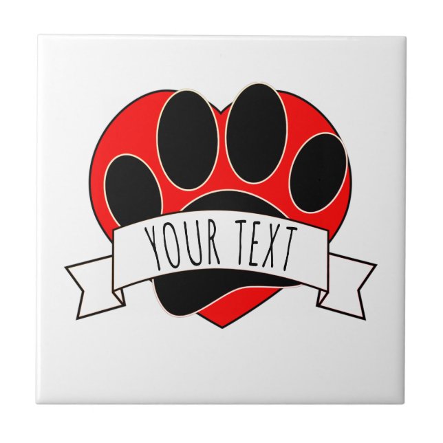 Dog Paw Print Red Heart Banner Ceramic Tile (Front)