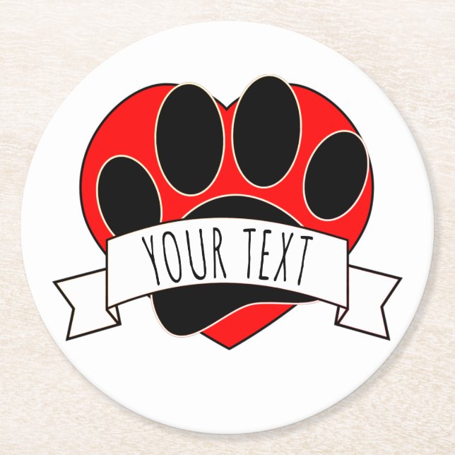 Dog Paw Print Red Heart Banner Round Paper Coaster (Front)