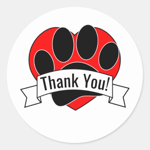 Dog Paw Print Red Heart Banner Thank You Classic R Classic Round Sticker