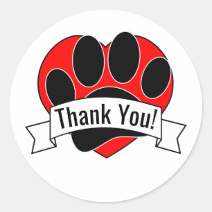 Dog Paw Print Red Heart Banner Thank You Classic R Classic Round Sticker