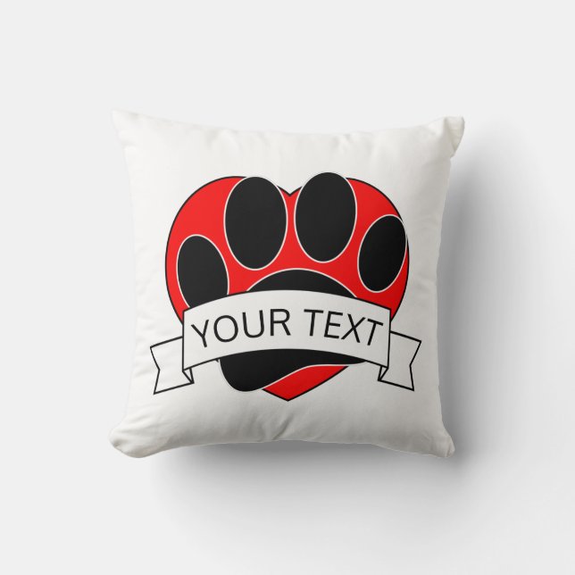 Dog Paw Print Red Heart Banner Throw Pillow (Front)