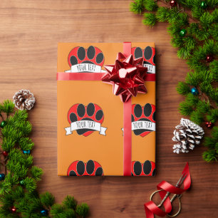 Dog Paw Print Red Heart Banner Wrapping Paper