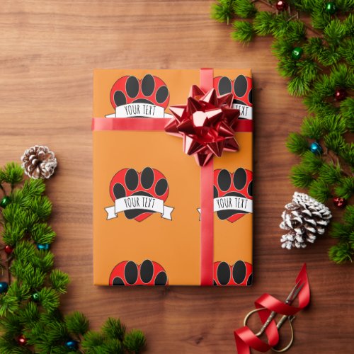 Dog Paw Print Red Heart Banner Wrapping Paper