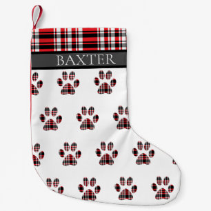Dog Paw Print Red Tartan Plaid Custom Small Christmas Stocking
