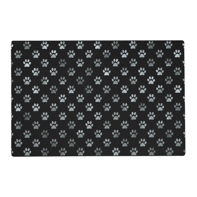 Dog Paw Print Silver Gray Black Background Placemat (Front)