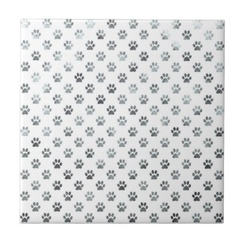 Dog Paw Print Silver Gray White Metallic Faux Foil Ceramic Tile by ZZ_Templates at Zazzle