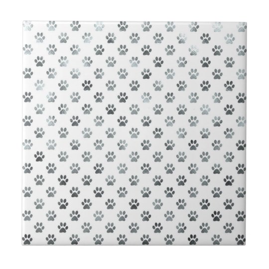 Dog Paw Print Silver Gray White Metallic Faux Foil Ceramic Tile