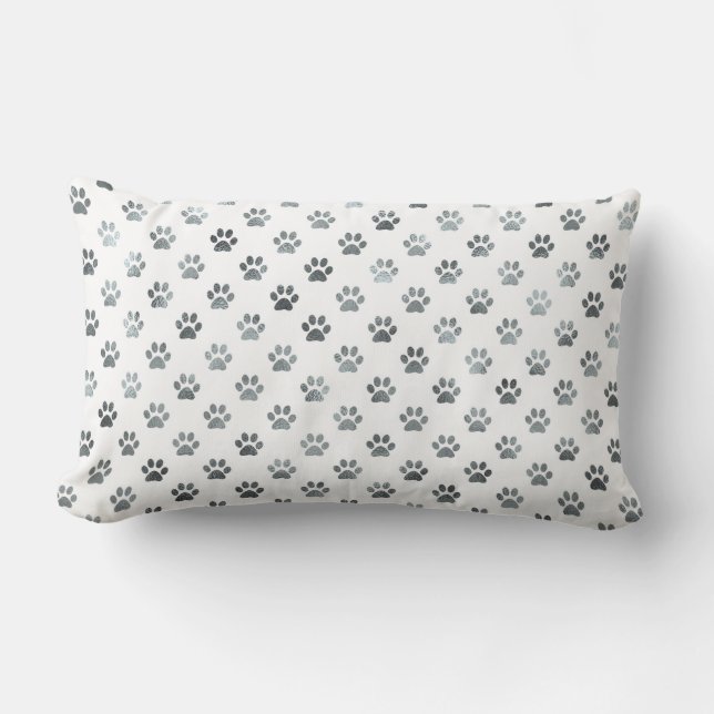 Dog Paw Print Silver Gray White Metallic Faux Foil Lumbar Pillow (Front)