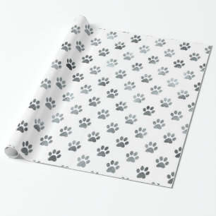 Dog Paw Print Silver Gray White Metallic Faux Foil Wrapping Paper