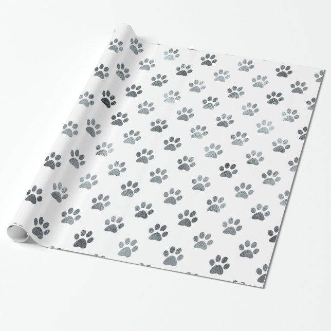 Dog Paw Print Silver Gray White Metallic Faux Foil Wrapping Paper (Unrolled)