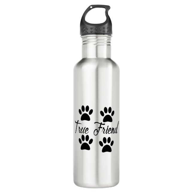 Dog Paw Print True Friends Text Stainless Steel Water Bottle (Front)