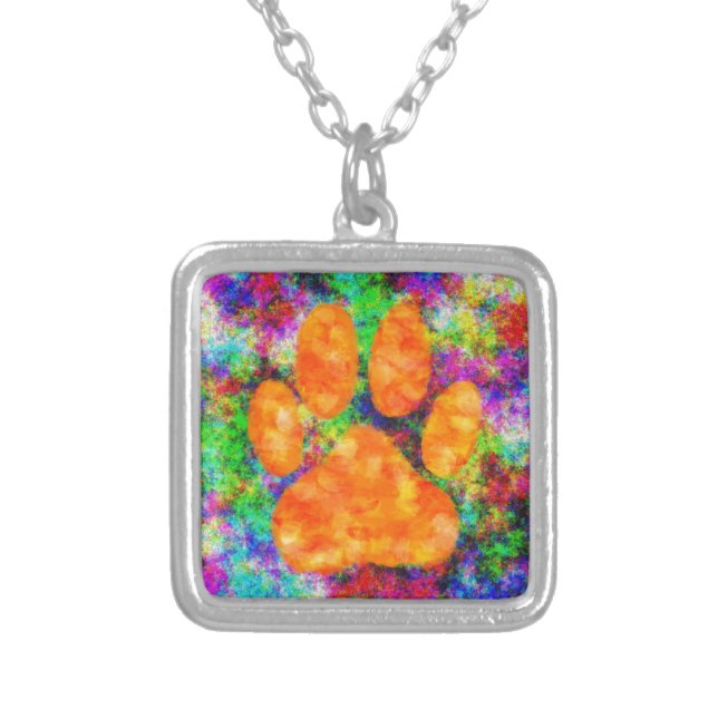 Dog Paw Print Watercolor Silver Plated Necklace (Front)