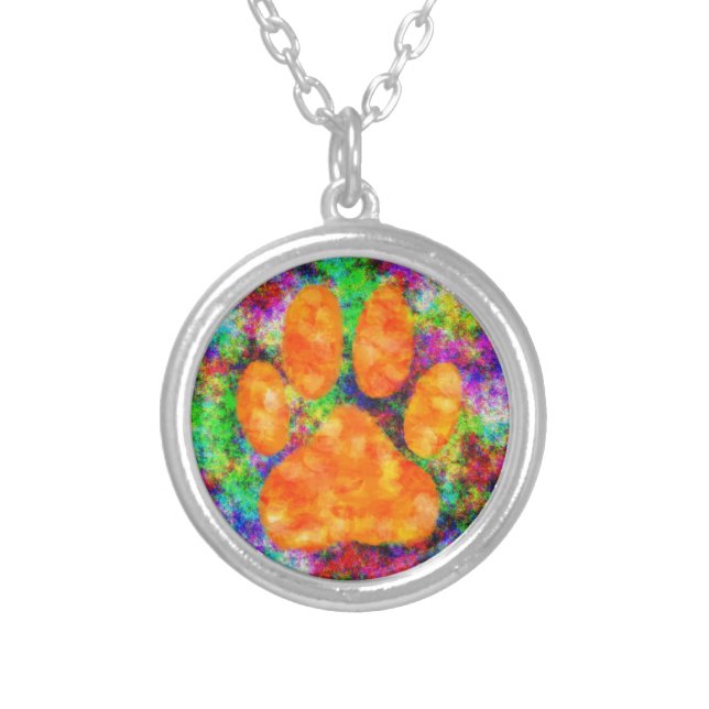 Dog Paw Print Watercolor Silver Plated Necklace (Front)